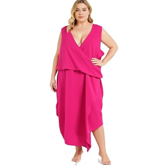 Boohoo Dresses & Skirts - Boohoo Plus Hot Pink Sleeveless Draped Wrap Midi Dress V Neck Women's Size 20